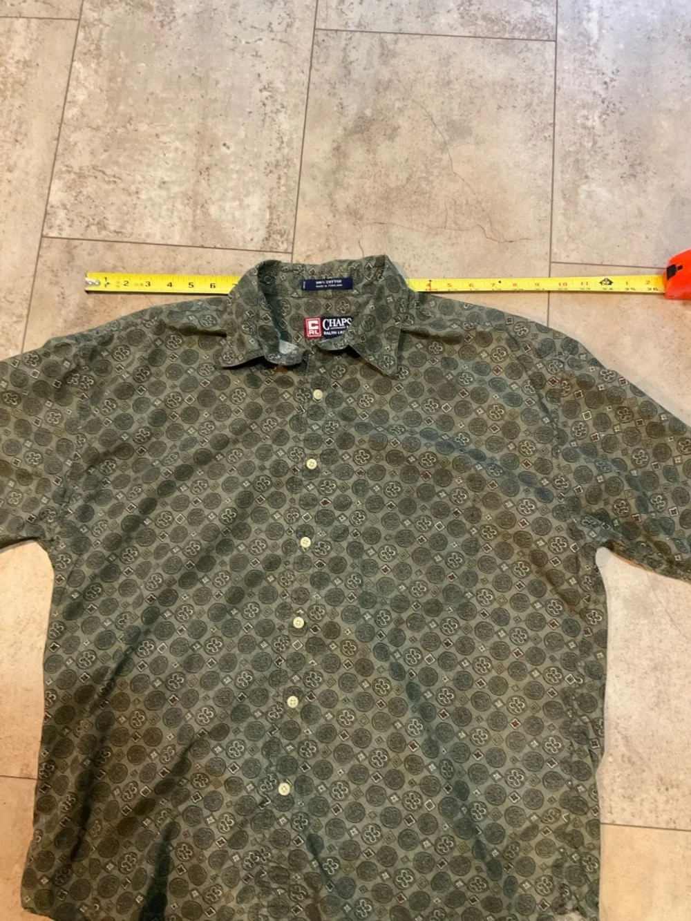 Chaps Ralph Lauren Men’s Shirt L Geometric Print Button Short Sleeve OliveGreen
